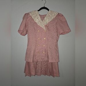 Vintage Pink 2 Piece Shirt N Skirt with Lace Collar